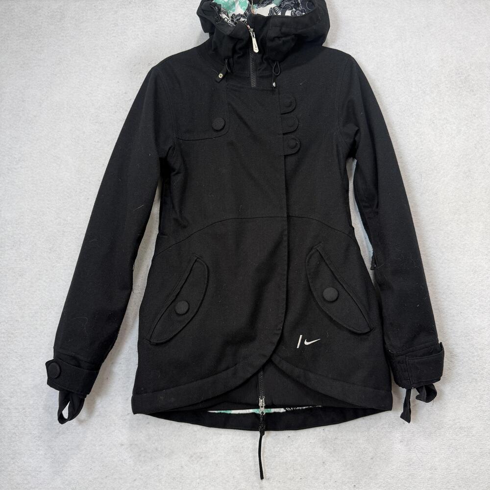 Y2K Nike Snowboarding Jacket Womens Small Black Hooded Insulated Ski Thumbholes